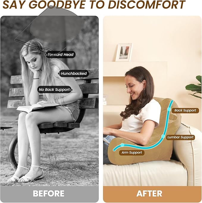 Portable Comfy Reading Pillows for Bed Sitting Up(Camel Oeko-Tex), Velvet Back Pillow with Arms & Pockets for Adults, Support Memory Foam Bed Pillow for Dorm/Reading/Watching/Gaming