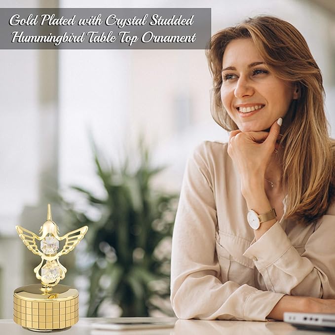 Matashi Christmas Gift for Women - Hummingbird Music Box with 24K Gold Plated Crystal - Tabletop Showpiece for Home, Office, Living Room for Her