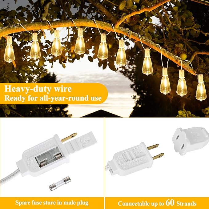 Brightever Outdoor String Light 25 FT, ST38 Patio Lights with 13 Edison Bulbs, Waterproof Connectable Hanging Lights for Backyard Porch Balcony Party Christmas Decor, E12 Socket Base, White