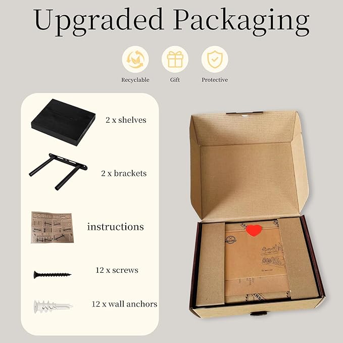 BGMG Small Wood Floating Shelves for Wall 8 inch Set of 2,Black Floating Shelves,Solid Wood Wall Shelves for Bathroom Living Room Bedroom Kitchen Farmhouse-8x 6.7 x1.25 inch