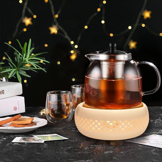 Teapot Warmer, Ceramic Teapot Heater with Cork Cushion Coffee Tea Warmer for Glass, Stainless Steel, Ceramic Teapot and Other Heatproof Dish Warming Use