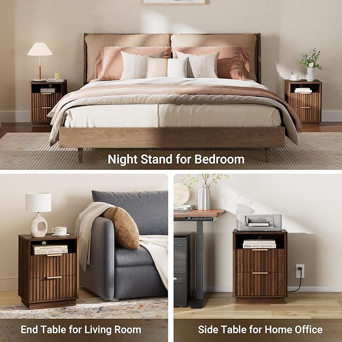 Fluted Nightstand Set of 2 with Charging Station, 18 inch Modern Farmhouse Night Stand, 2 Drawers End Table with Storage, Bedside Table for Bedroom Sofa Home Office, Curved Profile, Walnut