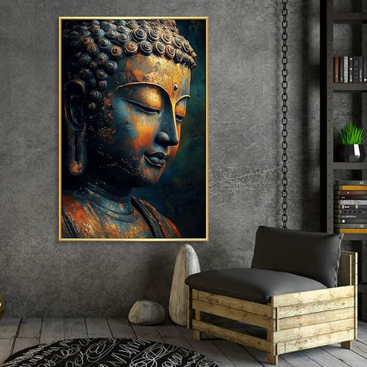 Buddha Statue Canvas Art, Zen Meditation Décor, Framed Print for Bedroom, Yoga Room, and Living Room (Gold Framed, 32"x48"|82x122cm)
