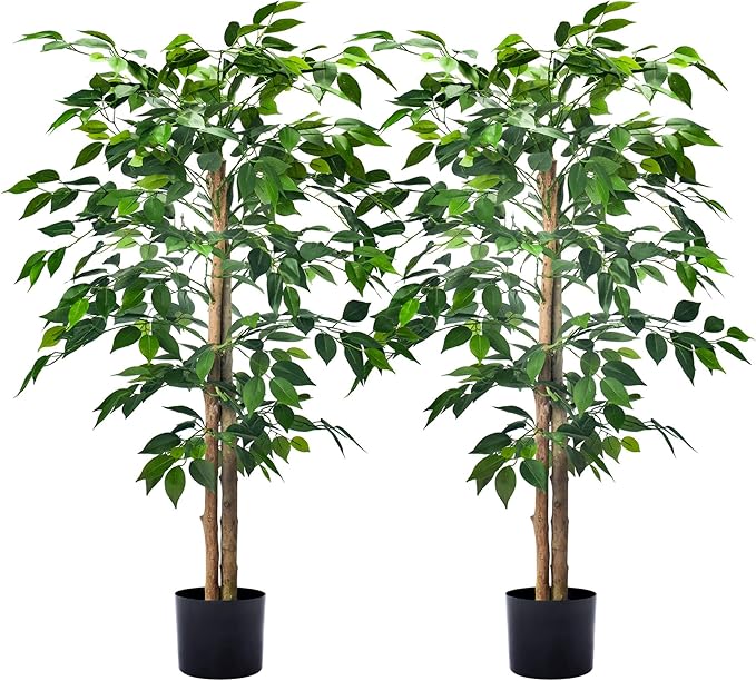 2Packs 4FT Artificial Ficus Trees with Realistic Leaves and Natural Trunk, Faux Ficus Tree with Sturdy Plastic Nursery Pot, Fake Ficus Tree for Office Home Farmhouse for Indoor Outdoor Decor