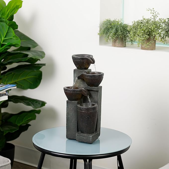 Alpine Corporation TZL416 14" Stoned Jar Water Fountain with Cascading LED Lights, Stylish Tabletop Water Feature for Home, Office, Living Room, Bedroom & Desk Decor, Gray