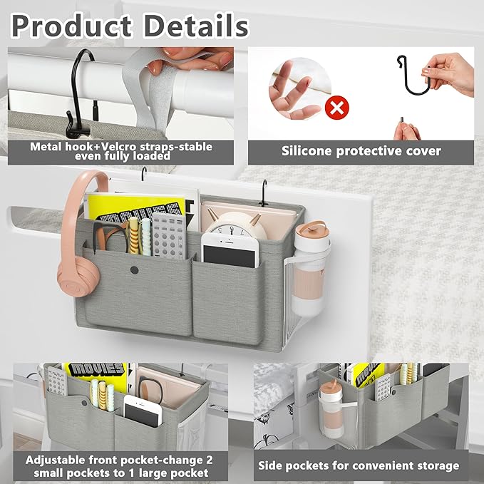 Bedside Caddy Bedside Organizer with Fixed Straps & Water Bottle Holder, Bunk Bed Caddy ideal for Home, Dorm, Hospital, Crib, Versatile Bedside Storage Solution (Grey 2pcs)