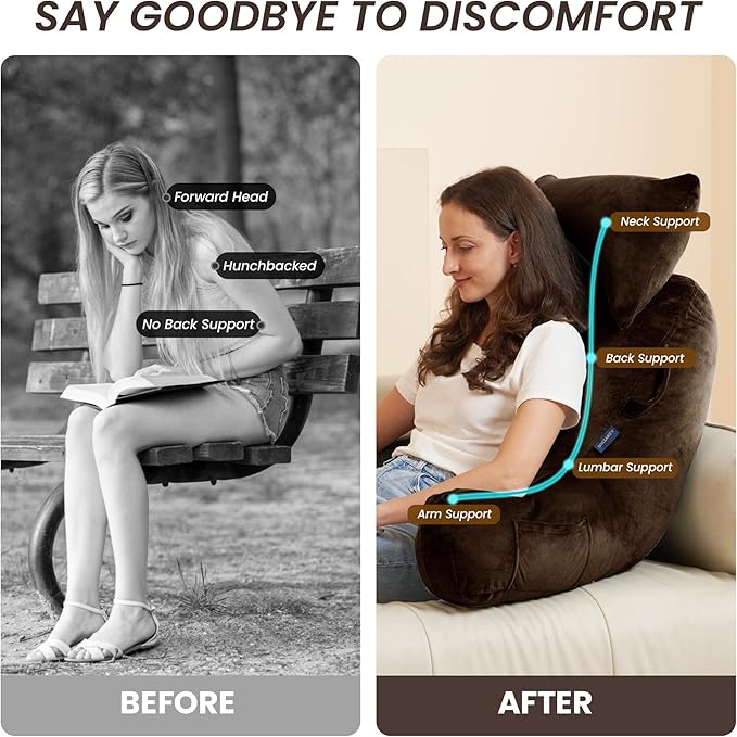 Portable Reading Pillows with Headrest for Bed Sitting Up(Brown Oeko-Tex), Velvet Back Pillow with Arms & Pockets for Adults, Support Memory Foam Bed Pillow for Dorm/Reading/Watching/Gaming