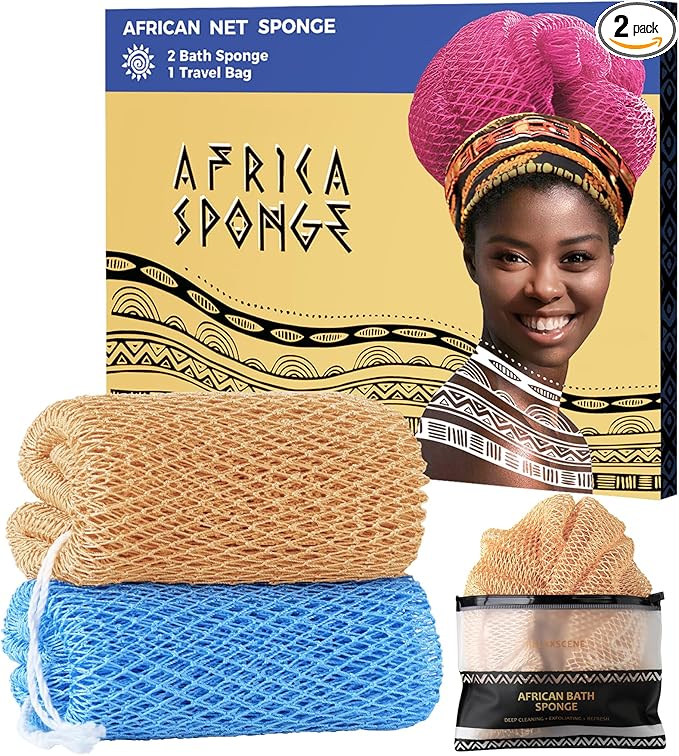 African Net Sponge with Knots - 2 Pieces Exfoliating Body Scrubber Bath Sponge - Back Scrubber Washcloth for Shower - Real African Scrub Exfoliator Body Care for Women