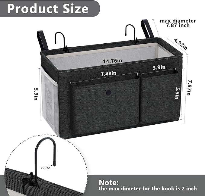 Bedside Caddy Bedside Organizer with Fixed Straps & Water Bottle Holder, Bunk Bed Caddy ideal for Home, Dorm, Hospital, Crib, Versatile Bedside Storage Solution (Black 2pcs)