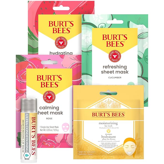 Burt’s Bees Christmas Gifts, Mask Bundle Stocking Stuffers Gift Set; Moisturizing Lip Mask, Ultra Conditioning Lip Balm, Refreshing Sheet Mask, Calming Sheet Mask; Festive Packaging; 1 Gift Set