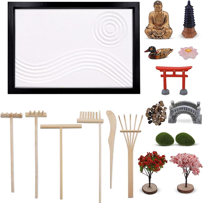 Zen Garden for Desk - Sand Tray Therapy Kit - Therapy Office Decor. 6 Rake Tools, 15 Piece Zen Garden Accessories, Meditation Accessories for Home and Office Relaxation, Gorgoeus Gift