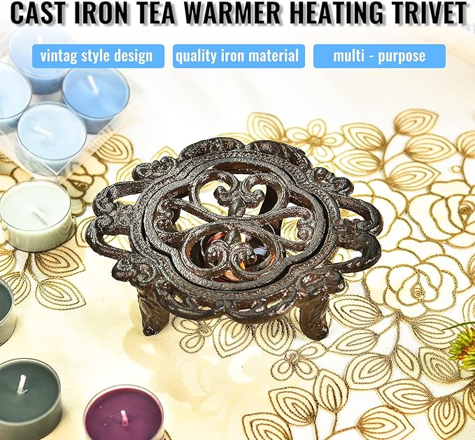 Sungmor Cast Iron Teapot Warmer Dish Cups Heater Pot Trivet - Rustic & Graceful Pattern Design with Tealight Holder - Heavy Duty & Decorative Candle Holder Stands for Heat Food Coffee Milk or Tea