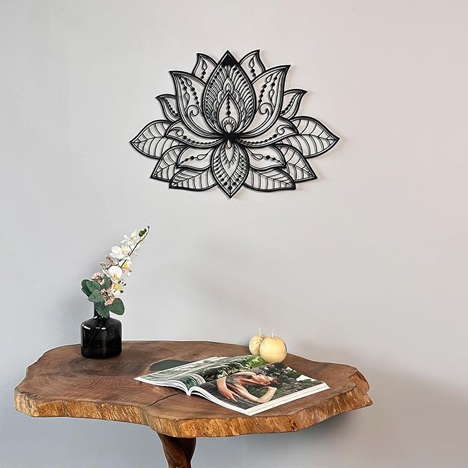 Colorfull Worlds Mandala Metal Wall Decor, Lotus Flower Meditation Room Decor, Minimalist Zen Garden Bohemian Gift for New Year (17" x 11" | 43 x 27.5 cm, Black)