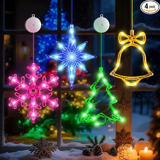 4Pack Christmas Window Lights Decorations with Timer,Battery Powered Christmas Hanging Multicolor Lighted Snowflake Tree Bells Lucky Star Shaped LED Sucker for Xmas Tree Fireplace Indoor Decor