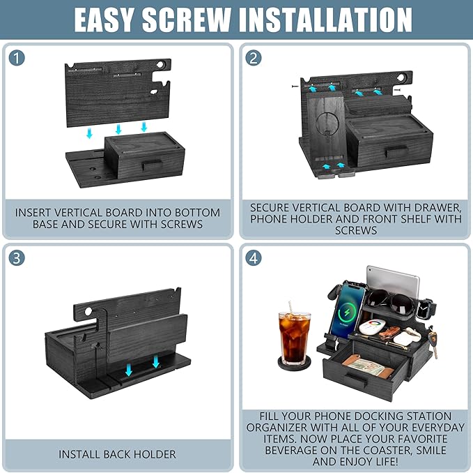 Black Wood Phone Docking Station with Drawer, Compatible with Apple Watch - Wood Charging Station Organizer Stand, Bedside Nightstand Organizer for Men, Holds, Tablet, Glasses, Keys, EDC