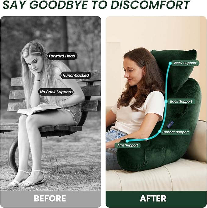 Portable Reading Pillows with Headrest for Bed Sitting Up(Dark Green Oeko-Tex), Velvet Back Pillow with Arms & Pockets for Adults, Support Memory Foam Bed Pillow for Dorm/Watching/Gaming