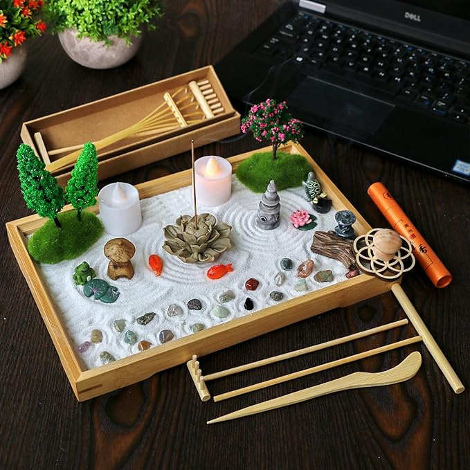 Tabletop Zen Garden Kit Set - Mini Rock Sand Garden Zen Gift Set for Home Office Desk Japanese Decor 7 Zen Tools Mini Rakes 21 Accessories Bamboo Sand Tray Therapy Desktop Meditation Room Gifts