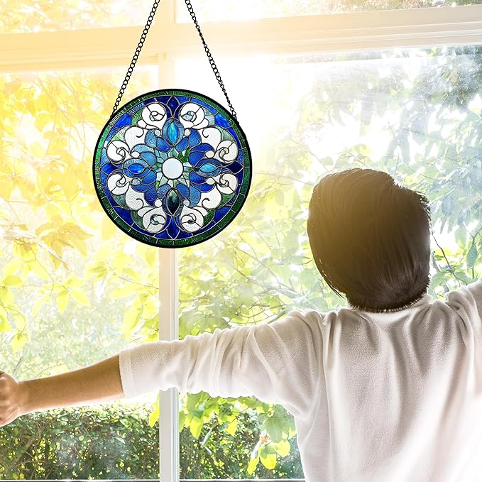 Stained Glass Window Hanging, Boho Style Sun Catchers Diamond Glass Panel Hangings Tiffany Suncatcher Decor for Birthday for Women, Men, Wife, Aunt, and Mom 6.3 in