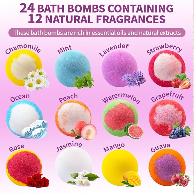 Bath Bombs 24-Pack Christmas Stocking Stuffers for Teen Girls for Women Mom Her Set, Aromatherapy Bubble Bath, Handmade Natural & Organic, Spa Relaxing Birthday Gifts for Men, White Elephant Gifts