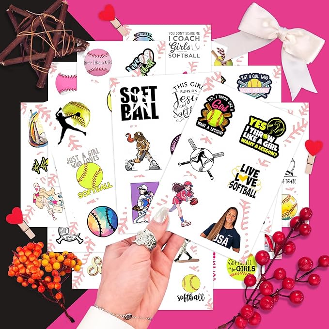 BulbaCraft 100Pcs Softball Stickers for Girls for Water Bottle and Laptop - Softball Party Favors & Decorations, Waterproof Vinyl Decals, Sports and Athlete Stickers, Gifts for Women & Men