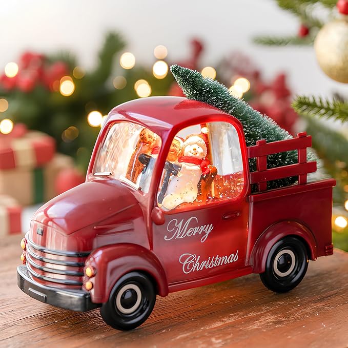 Xindian Musical Red Truck Snow Globe with Swirling Glitter, Snowman & Dog, Carrying Christmas Tree, Spinning Water Lantern for Christmas Decor