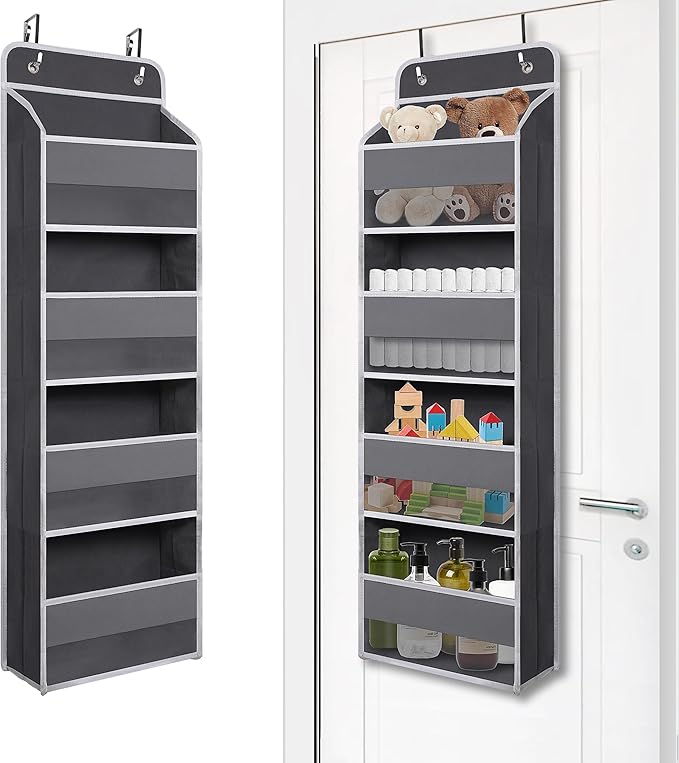 Over Door Organizer with 4 Large Capacity Pockets, Heavy Duty Hanging Organizer Storage for Closet Bathroom Nursery Bedroom Dorm, Toys Cosmetics Sundries and Baby Essentials, Gray
