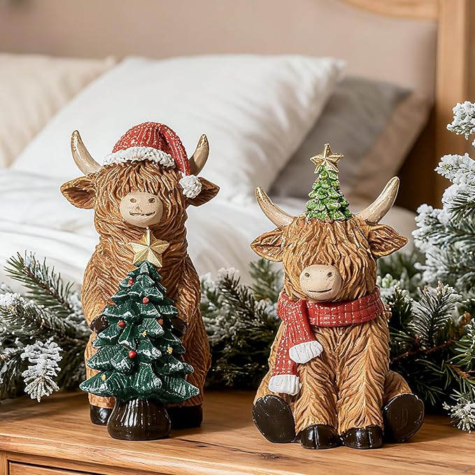 RM ROOMERS Christmas Highland Cow Decor Resin Highland Cow Figurines with Santa Hat Scarf & Tree for Tabletop Shelf Mantel Home Christmas Decoration (Set of 2, 5.39" & 4.48”H)