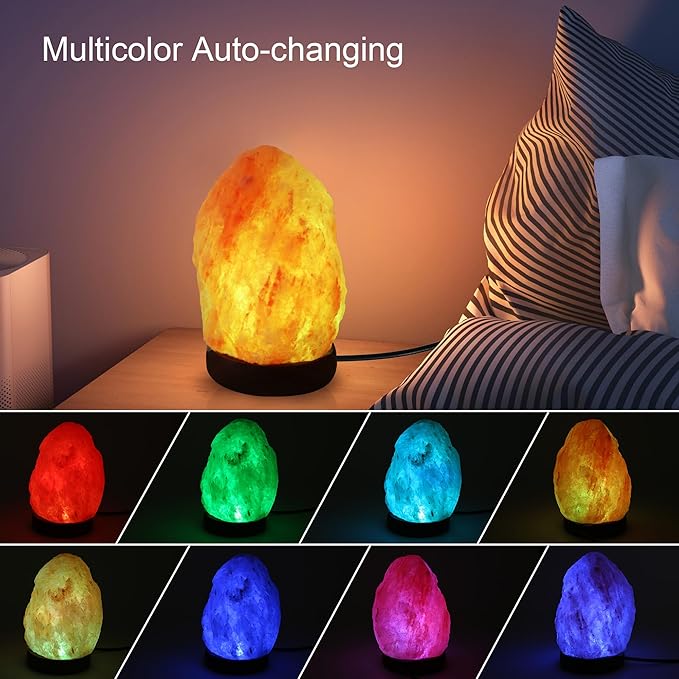 Wrcevtor Natural Salt Rock Night Lamp with 7 Colors Changing, Mini Small Crystal Salt Lamp for Home Decor and Gift - Natural Shaped, Premium Wood Base