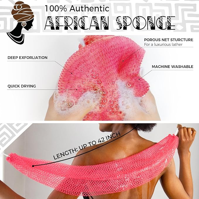 African Net Authentic - 2 Pieces Real African Exfoliating Sponge with Knots - African Net Wash Cloths for Body Scrubber Exfoliator Pink & BabyPink- Back Scrub for Shower Bath Accessories