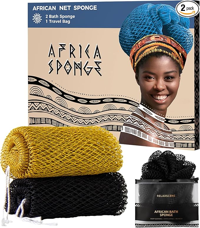 African Net Sponge Black and AntiGolden - 2 Pieces Authentic African Bath Sponges with Knots - Exfoliating Body Scrubber for Men - Back Scrub Exfoliator for Shower Bathroom Accessories
