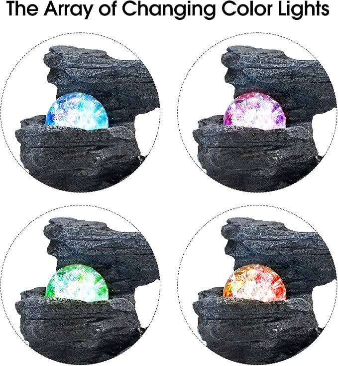 Tabletop Fountain Rotating Ball Rock Waterfall Fountain Office Includes Many Natural River Rocks Decorated with Colorful Lights, 9.05" L x 6.89" W x 10.23" H