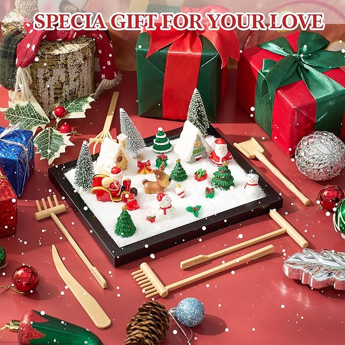 Soulchen Zen Garden Kit for Desk Decor Christmas Sand Zen Garden Gifts Mini Sandbox Set with Black Wooden Tray, Sand, Tools & Accessories Japanese Gifts for Meditation Room Office Home(Christmas)