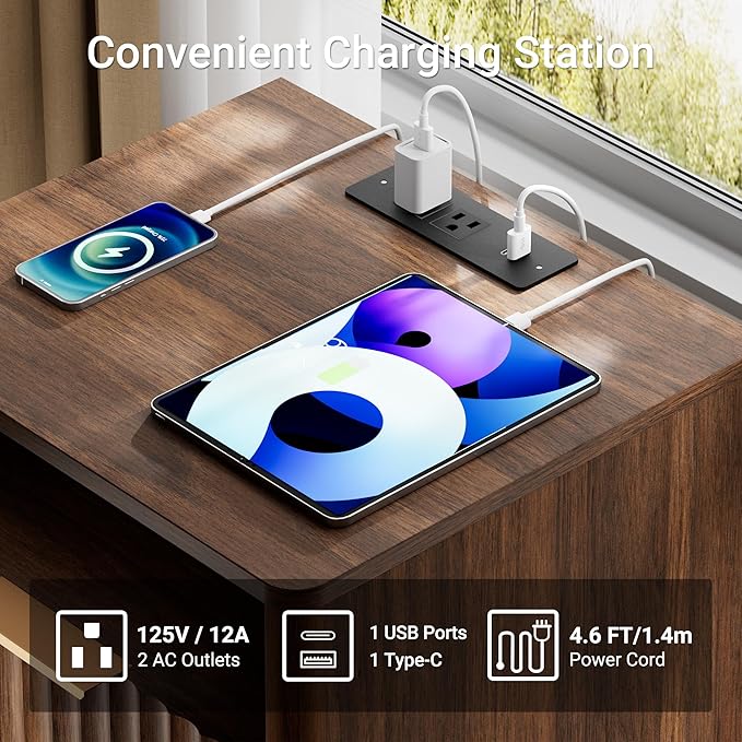 Fluted Nightstand with Charging Station, 18" Modern Farmhouse Night Stand, 2 Drawers End Table with Storage, Bedside Table for Bedroom Sofa Home Office, Curved Profile Design (Walnut)