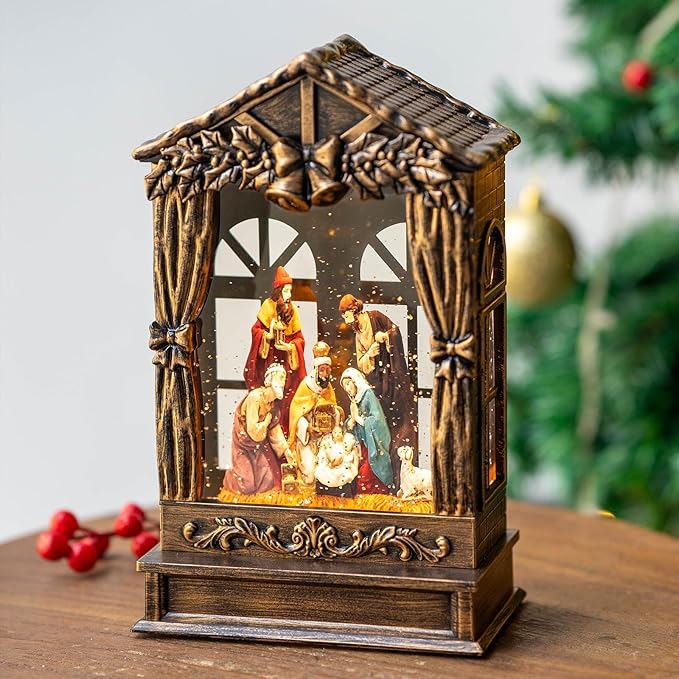 Christmas Snow Globe Lighted Manger Nativity Scene, Musical Window Water Lantern Play Silent Night Music in Swirling Glitter, Holiday Decorations Gift