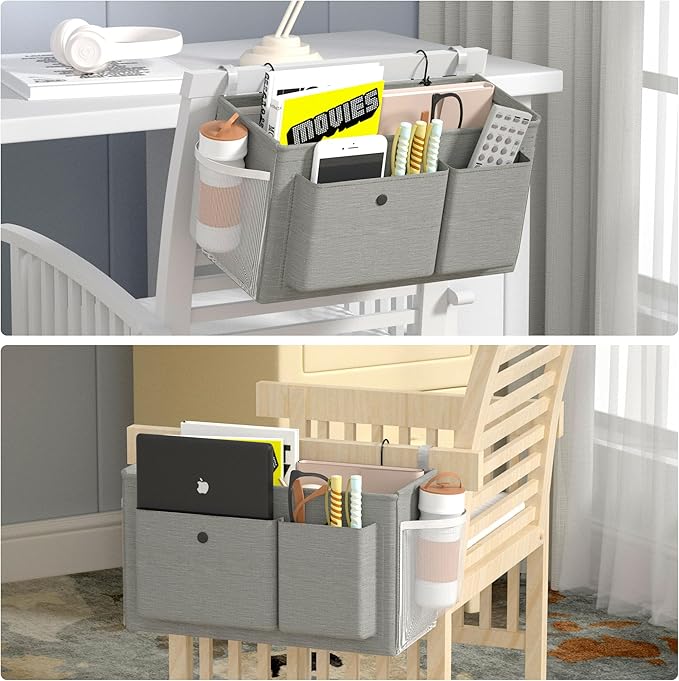Bedside Caddy Bedside Organizer with Fixed Straps & Water Bottle Holder, Bunk Bed Caddy ideal for Home, Dorm, Hospital, Crib, Versatile Bedside Storage Solution (Grey)