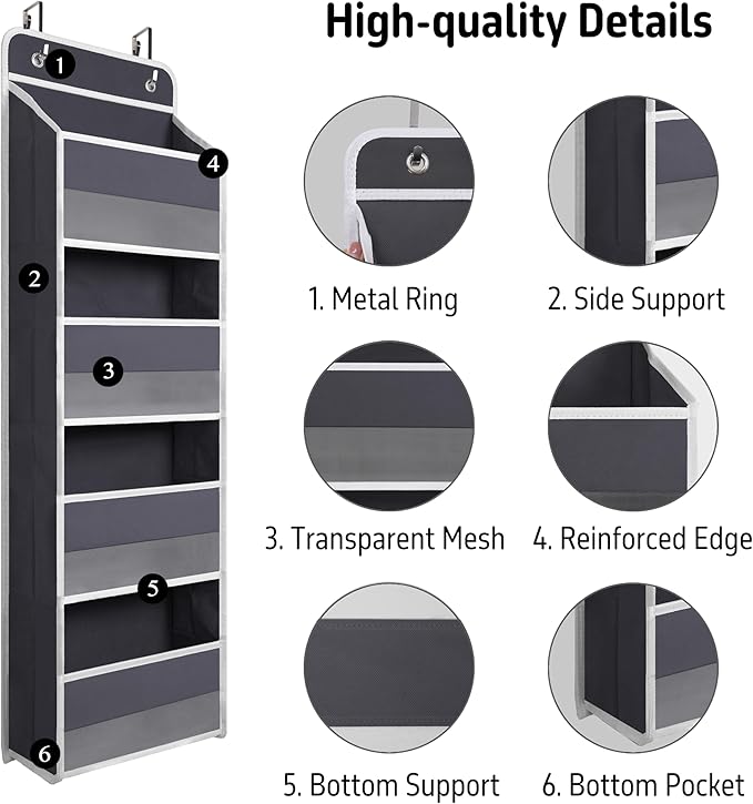 Over Door Organizer with 4 Large Capacity Pockets, Heavy Duty Hanging Organizer Storage for Closet Bathroom Nursery Bedroom Dorm, Toys Cosmetics Sundries and Baby Essentials, Gray
