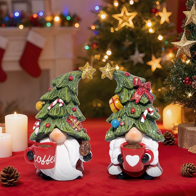 Hodao Christmas Elf Figurines with Tree Hats, Coffee Cup Elves Holiday Table Decorations, Cozy Festive Home Decor Accents for Living Room, Fireplace Mantel, Dining Table (Red)