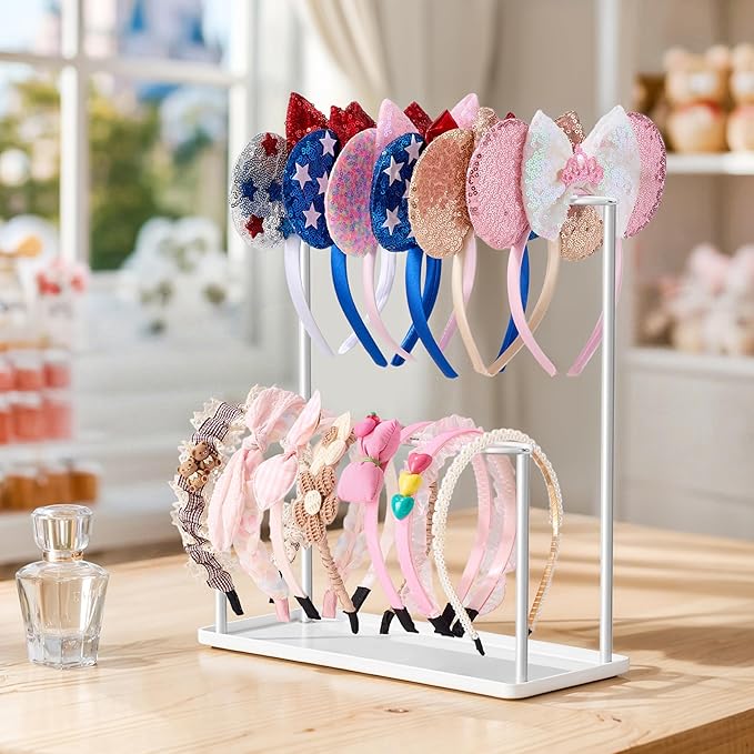 pickpiff Headband Holder Organizer Metal 2-Tier with Tray: Hair Accessories Display Stand Storage, Purse Charms Key Rings Rack Necklace Stand Home Bedroom for Girls Women, White