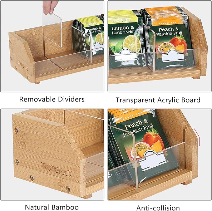 Small Bamboo Tea Bag Organizer Storage Holder for Tea Bags Wood Tea Box Containers Tea Rack Teabag Station Stand for Cabinet Countertop Office