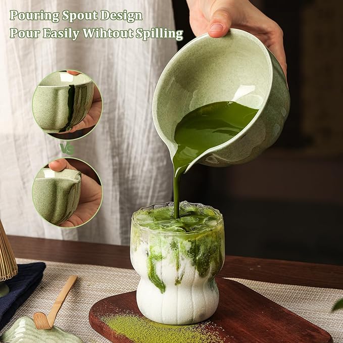 Matcha Set, 7 Pcs Mottled Green Matcha Whisk Set - Include Ceramic Petal Matcha Bowl with Spout, Bamboo Whisk, Chasen Holder, Sifter, Scoop, Tea Towel, Scoop Rest - Matcha Making Kit for Tea Lover