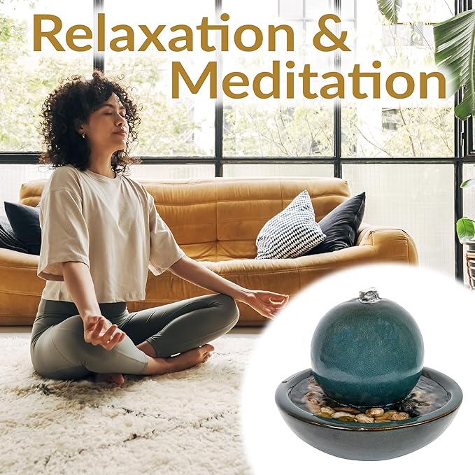 Sunnydaze Tabletop Ceramic Tabletop Fountain with Orb - Relaxing Indoor Fountain for Meditation - for Office, Bedroom, or Living Room - Teal