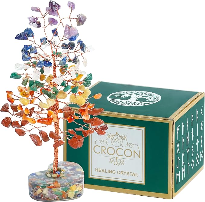 Crocon Crystal Heart Base Tree Good Luck Birthday Gifts for Womens, Mom, 7 Chakra Healing Stones & Crystals Tree of Life for Positive Energy Feng Shui Décor Home and Office Desk Decor Present for her