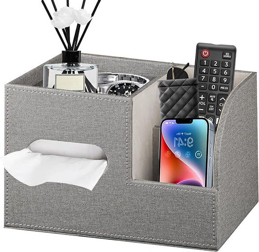 Leather Square Tissue Box Cover with Storage Tray,Cube Tissue Box Holder,Modern Facial Paper Organizer with Remote Control Holder for Bathroom,Vanity Countertop,End Table NightStand Home Office.Grey