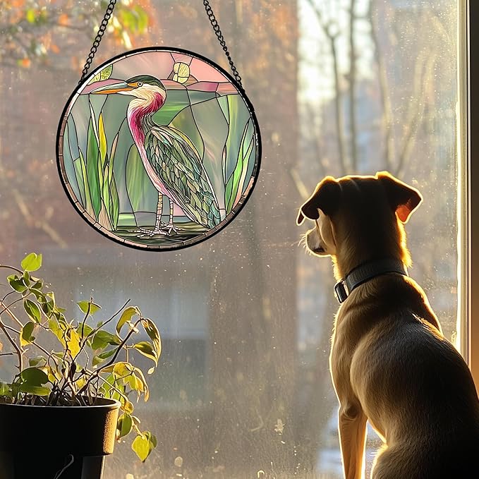 Stained Glass Window Hanging 4 Pcs Set Cute Animal Large 15"- Green Plant Pink Suncatcher Door Garden Sun Catcher Decor Birthday Christmas for Mom Woman Nana Men Friend