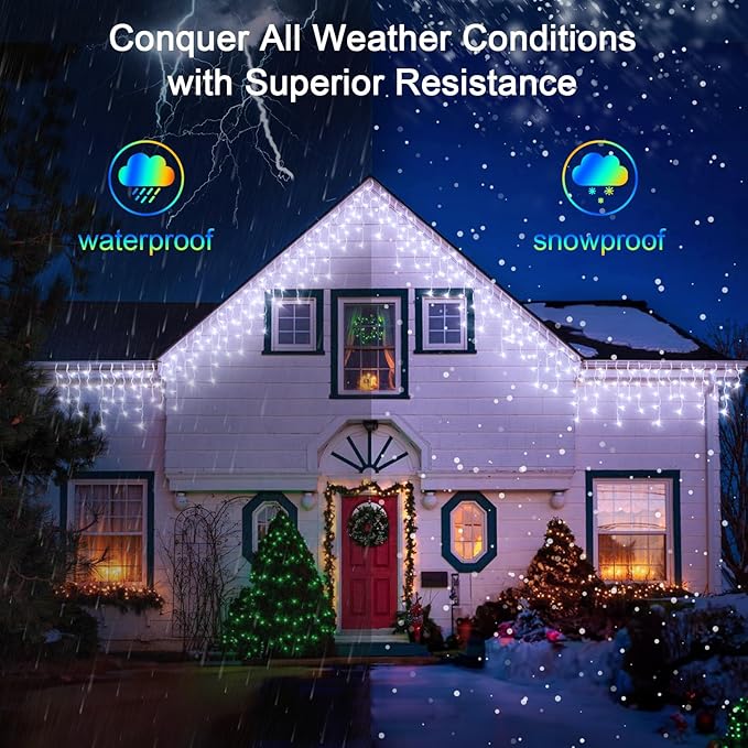 1296 LED 131FT Christmas Lights 288 Drops, Outdoor Hanging lights with 8 Modes & Timer, Plug in Curtain String Light Outdoor Waterproof for House Tree Holiday Wedding Party Outside Decor (Cool White)