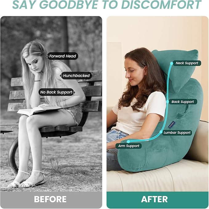 Portable Reading Pillows with Headrest for Bed Sitting Up(Lake Blue Oeko-Tex), Velvet Back Pillow with Arms & Pockets for Adults, Support Memory Foam Bed Pillow for Dorm/Watching/Gaming