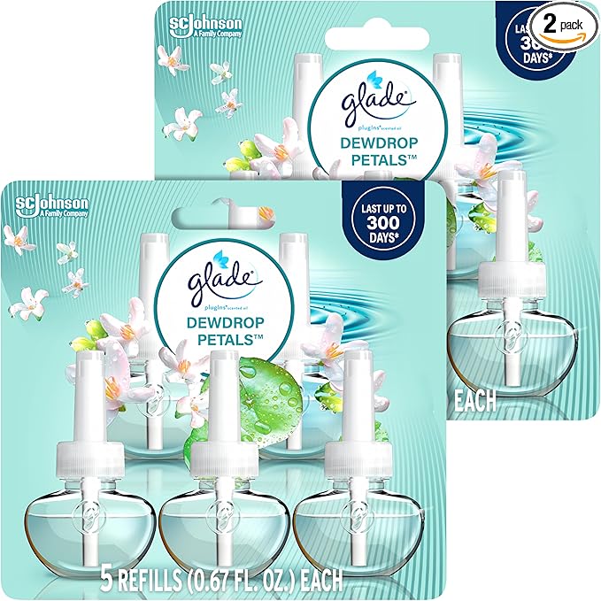 Glade PlugIns Air Freshener, Dewdrop Petals, Essential Oils | Refills | 0.67 Fl Oz | 5 Count | Pack of 2