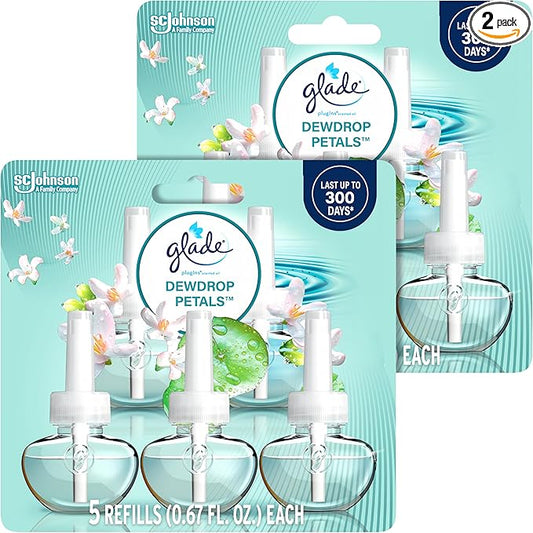 Glade PlugIns Air Freshener, Dewdrop Petals, Essential Oils | Refills | 0.67 Fl Oz | 5 Count | Pack of 2