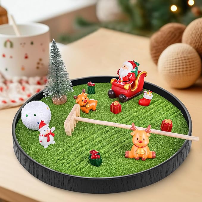 Christmas Zen Garden Kit for Desk 8.2''Round Mini Zen Garden with Accessories, Desktop Christmas Decor Sand Tray, Ideal Holiday Decoration Gifts for Family and Friend
