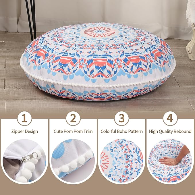 Large Floor Pillows for Adults, 2 Pack Round Thick Floor Cushion, Memory Foam Cushion for Sitting, Aqua